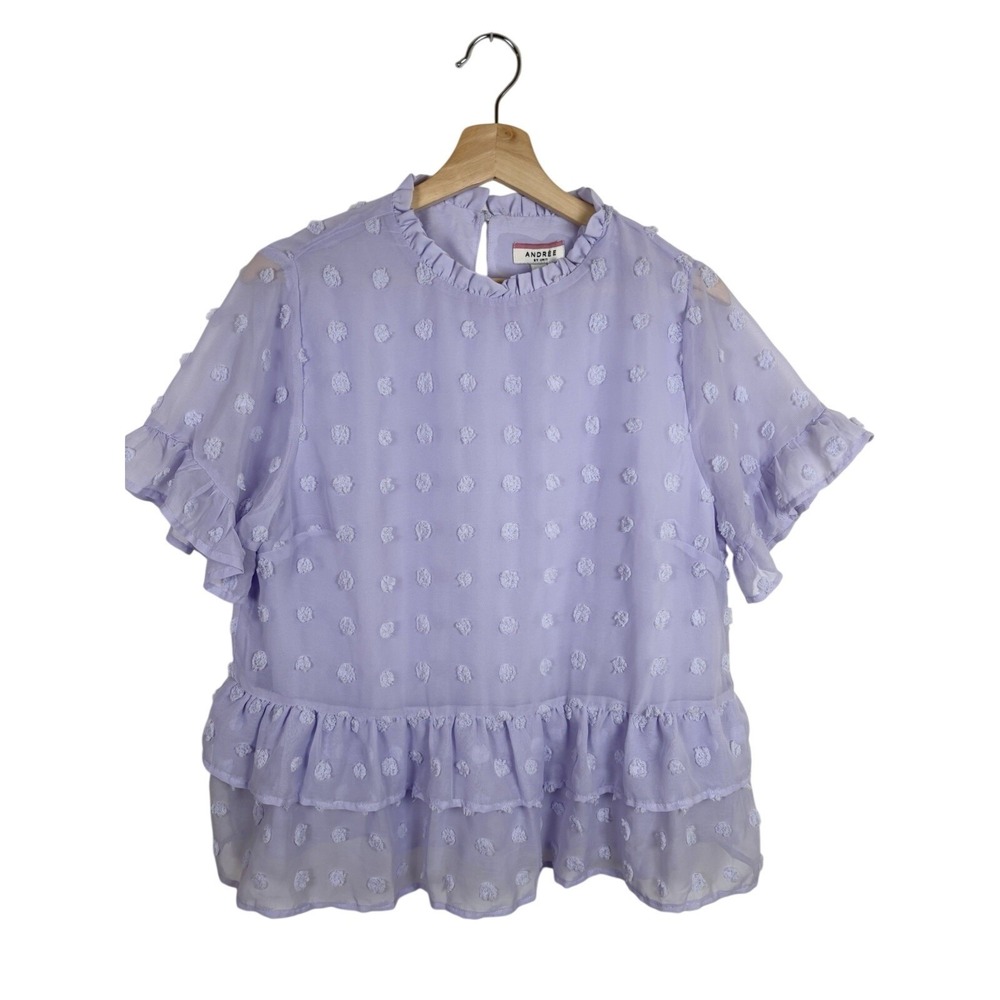 Andree by Unit Womens Sz Large Lavender Swiss Dot Short Sleeve‎ Ruffle Top